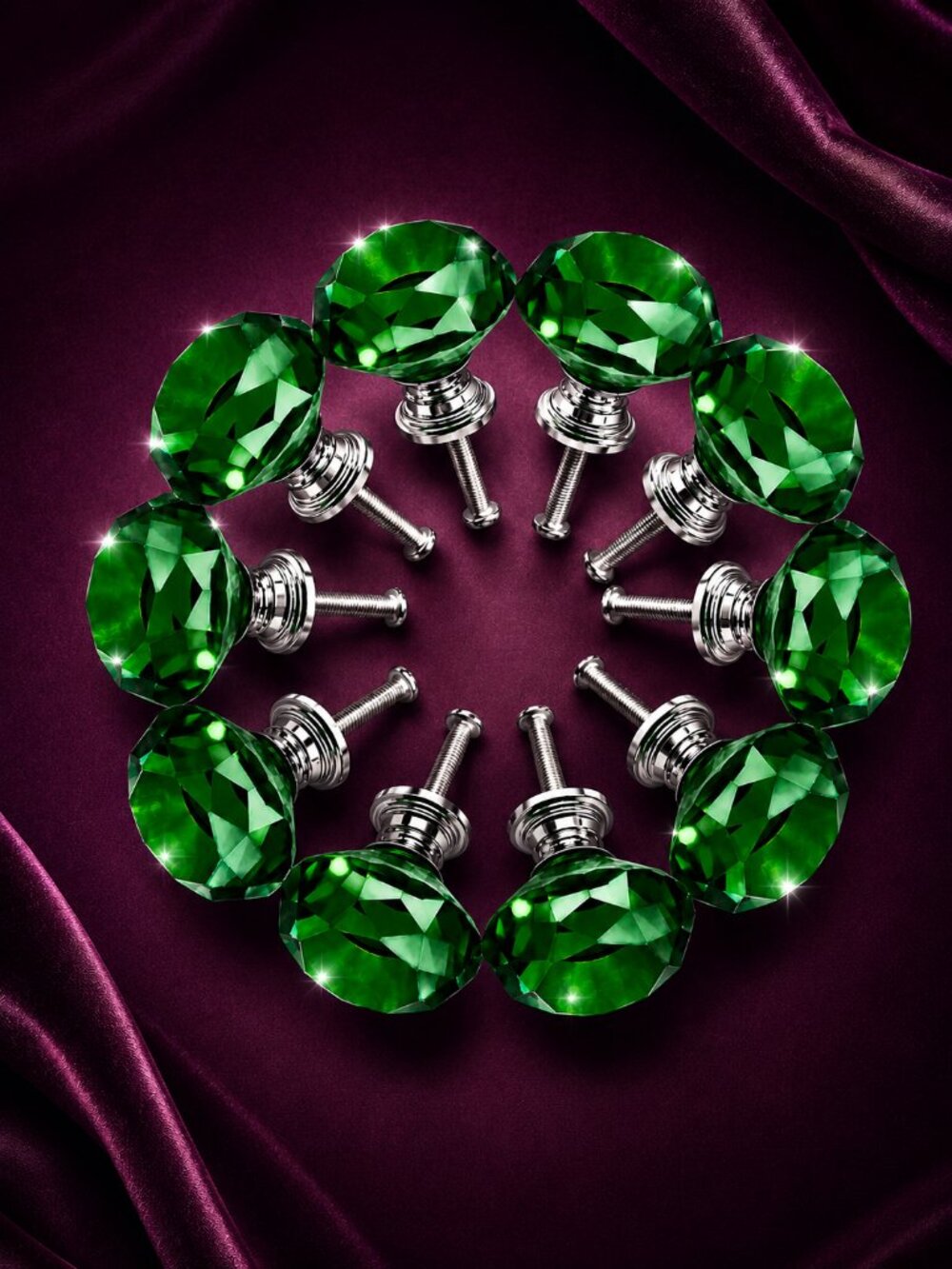 Crystal Knobs - Green Glass Cabinet Closet Door Vanity Drawer Pulls - Set of 10